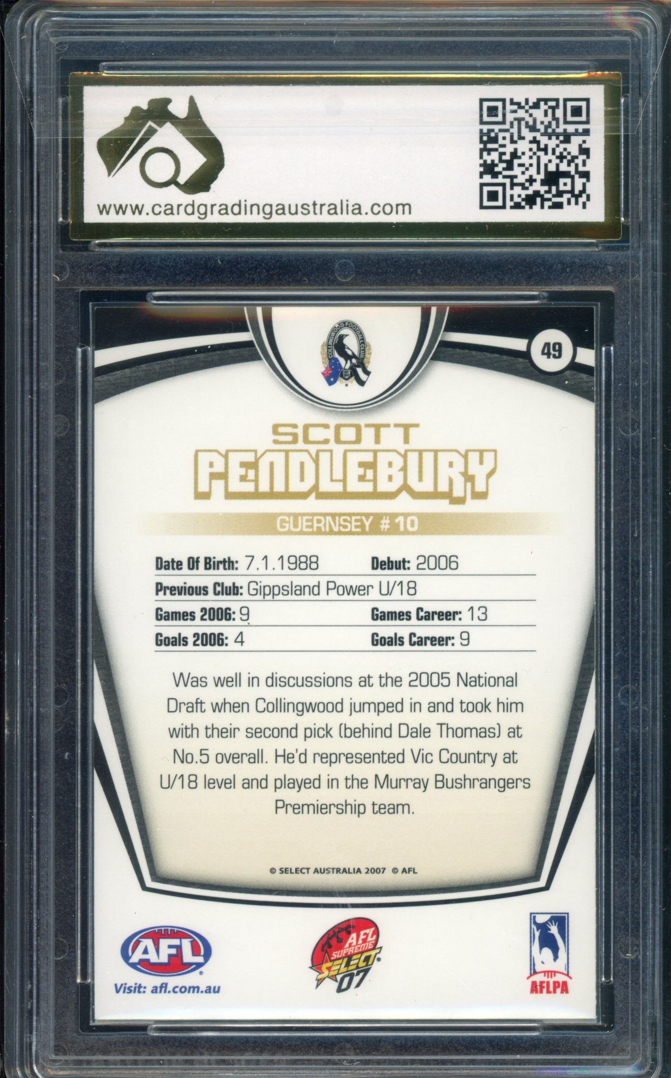 2007 Select AFL Supreme Scott Pendlebury ROOKIE CARD Graded CGA 9 Collingwood